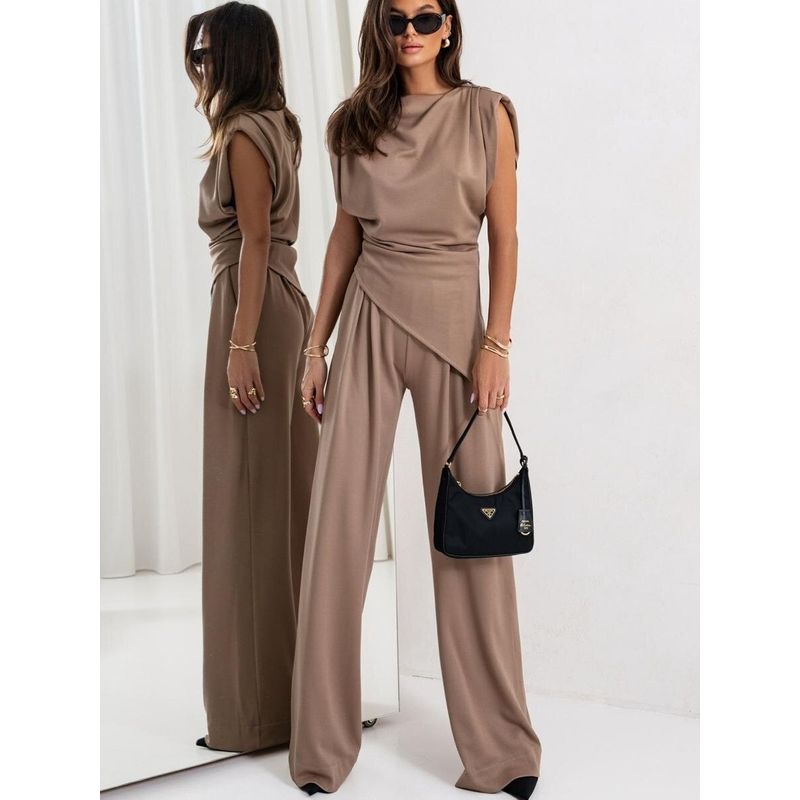 Fashion Spring/Summer New Arrival Fashion Commuter Ol Pure Color Irregular Sleeveless Tops Straight-Leg Trousers Casual Two-Piece Suit