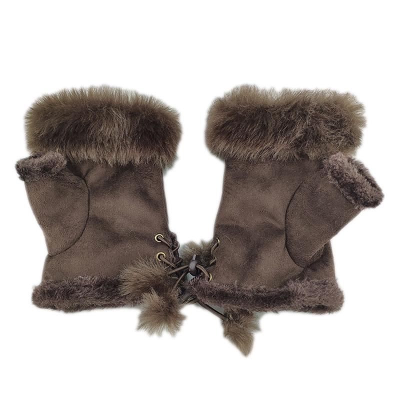 

Winter Warm Thick Gloves Faux Rabbit Fur Gloves Fleece Lined Half Finger Gloves темно-коричневого кольору