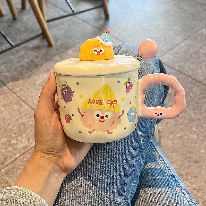 High Appearance Mug with Lid Spoon, Cute Ceramic Water Cup, Cartoon Small Coal Ball Couple Water Cup Gift, Breakfast Cup