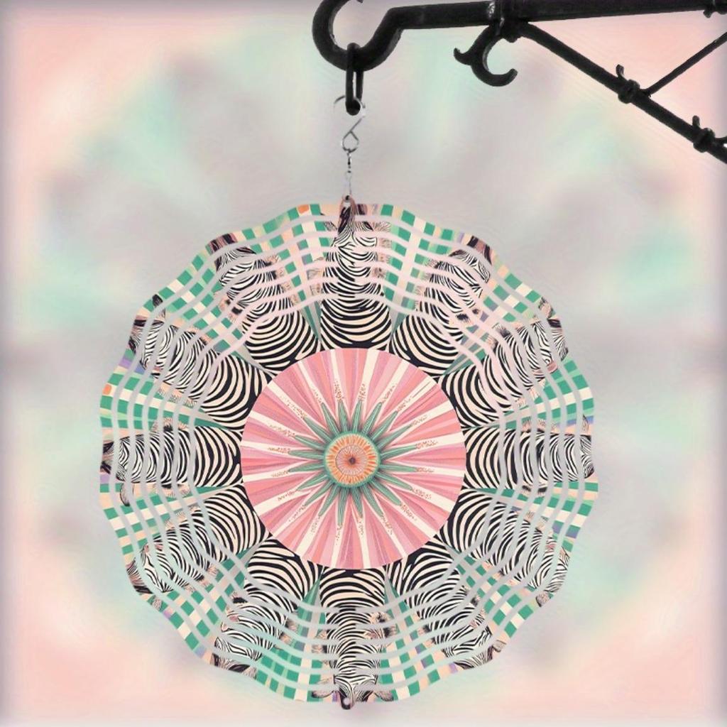 360 Degree Rotating Metal Wind Chime 10 Inch Vibrant Zebra Floral Design Perfect for Garden Balcony Yard Decor Year Round Outdoor Charm