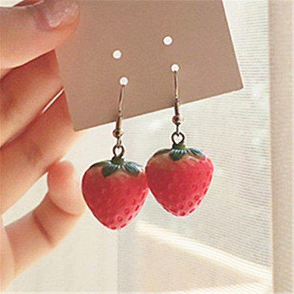 Trendy 3D Simulated Red Strawberry Flower Drop Earrings for Women Fruit Green Leaf Earrings Girls Party Jewelry Gift