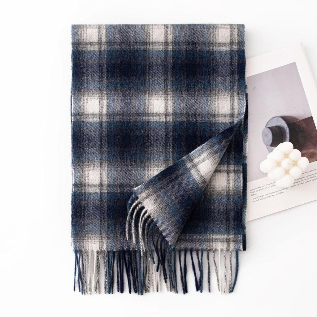 Women's 100% Wool Plaid Scarf - Korean Style, Autumn/Winter 2025, Long Tassel Shawl, Cold-Proof and Warm