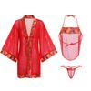 Women's Sheer Mesh Ancient Palace Style Bib Top Kimono Robe Lingerie Set