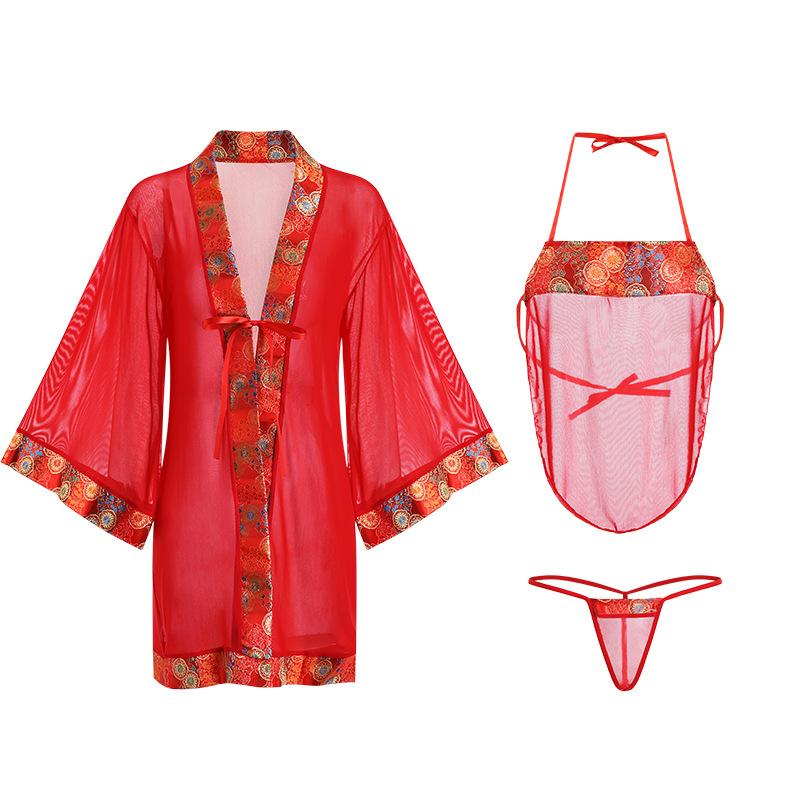 Women's Sheer Mesh Ancient Palace Style Bib Top Kimono Robe Lingerie Set