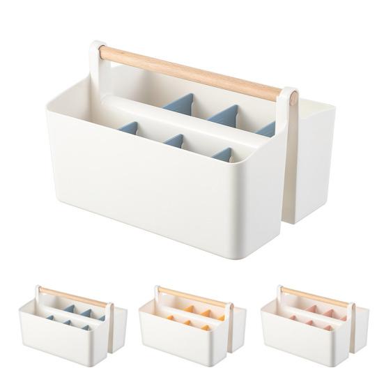 Desktop Plastic Caddy with Wooden Handle Art Supply Organizer Bin with Adjustable Dividers Makeup Basket Storage Tote for Colored Pencils Brushes