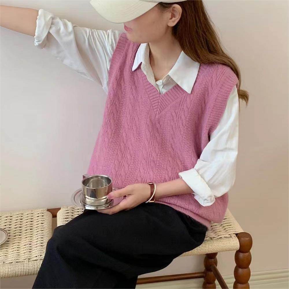 WTEMPO Preppy styl Bez rukávů Pleteniny Dámské Podzim Zima Jednobarevné Ležérní Svetry Výstřih do V Pletené Vesty