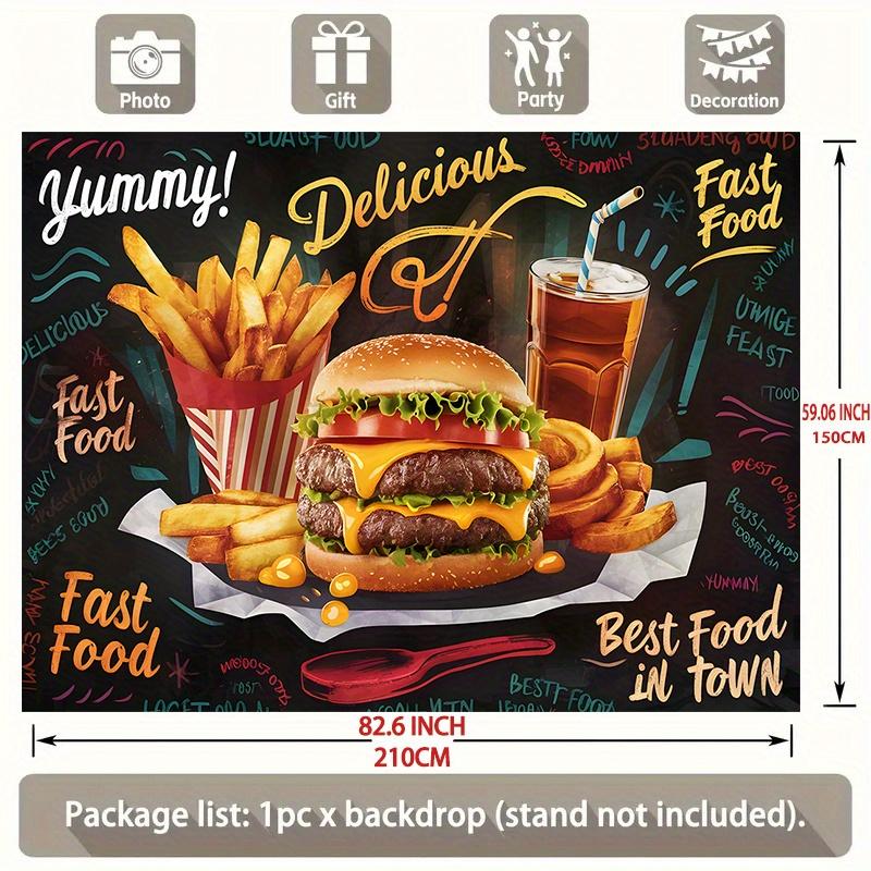 1 hamburger and French fries fast food themed banner designed as "Delicious! Delicious!" with multiple sizes to choose from
