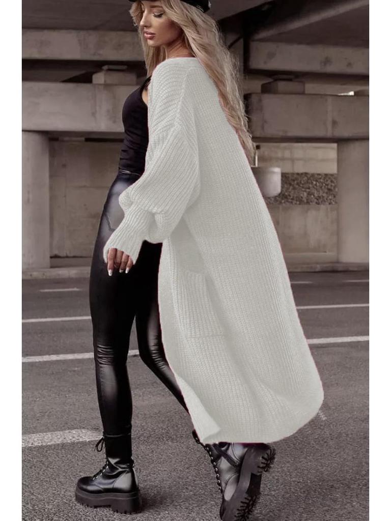 Women's Oversized Knit Cardigan with Lantern Sleeves and Pockets - Autumn/Winter Collection