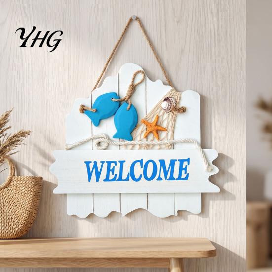 Blue And White Ocean Sign Mediterranean Style Wooden Welcome Sign, Starfish Shells Hanging Nautical Decor Plaque, Decorative Wall Art for Home
