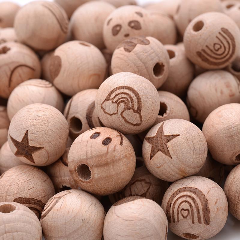 

16mm 10Pcs Beech Beads Wooden Teether Rainbow Animal Two-sided Printed Round Teether Beads for Pacifier Teething Necklace Chain