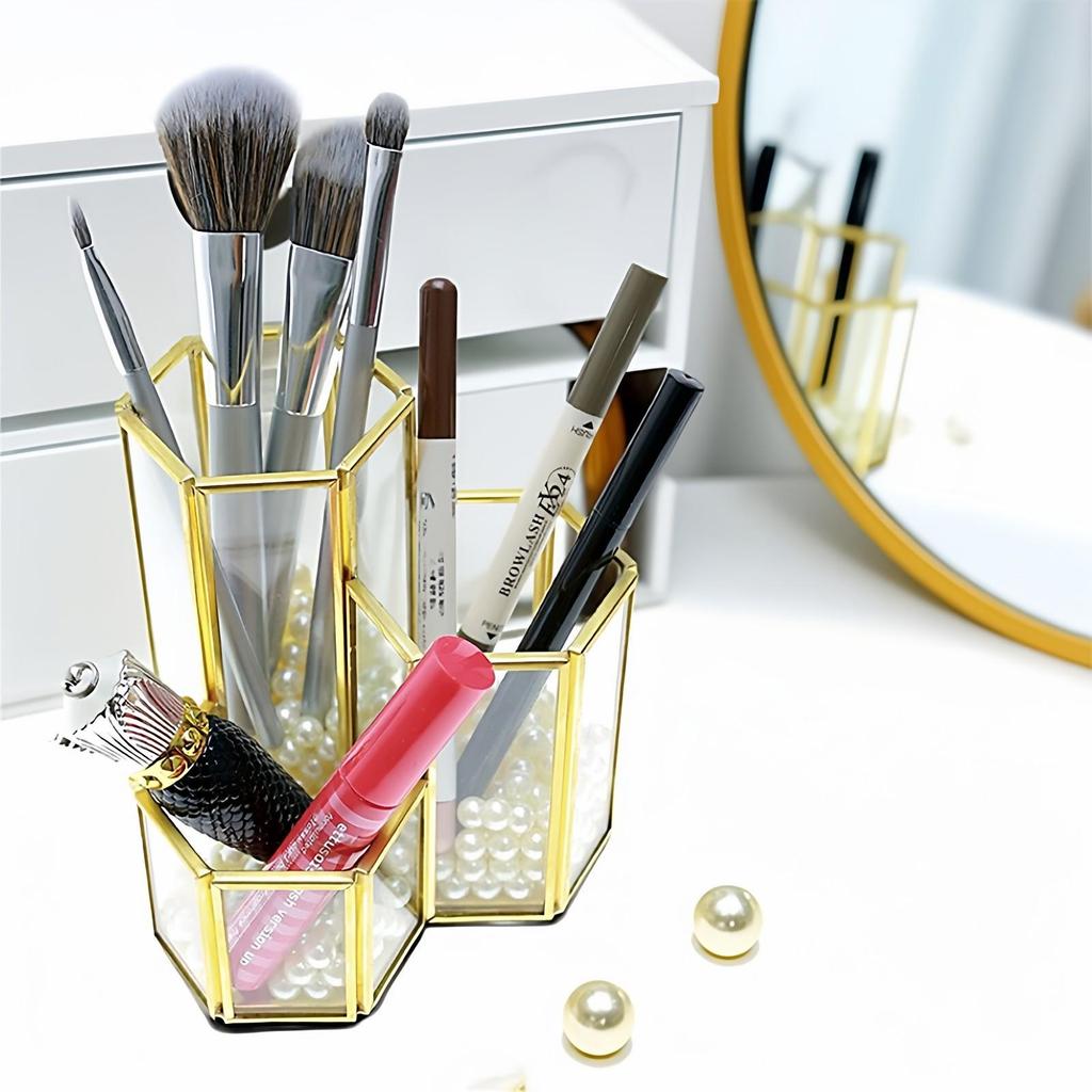 Nordic Style Makeup Brush Holder, Dressing Table Organizer, and Stationery Pen Holder Glass Storage.