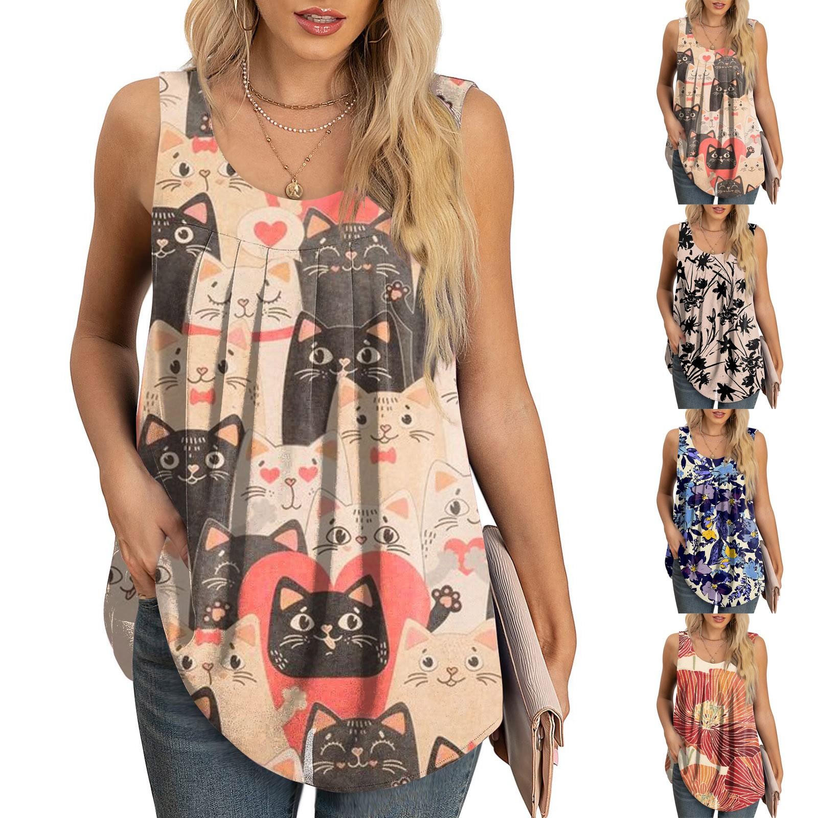 

(Куниде) Женская модная повседневная майка без рукавов с круглым вырезом и цветочным принтом