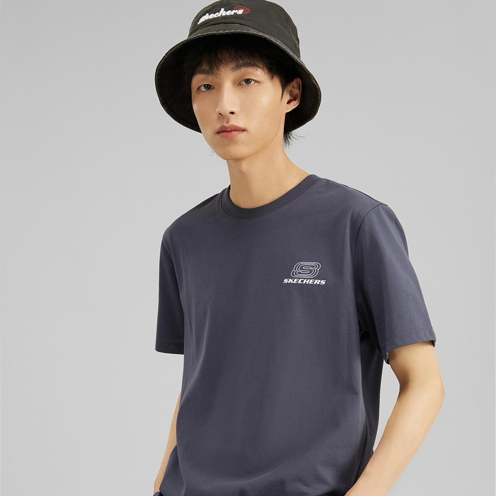 Skechers Loose Fit Round Neck American Vintage Breathable Short Sleeve T-Shirt With Letter Print Unisex Tops Odyssey-Gray L223U165-026R