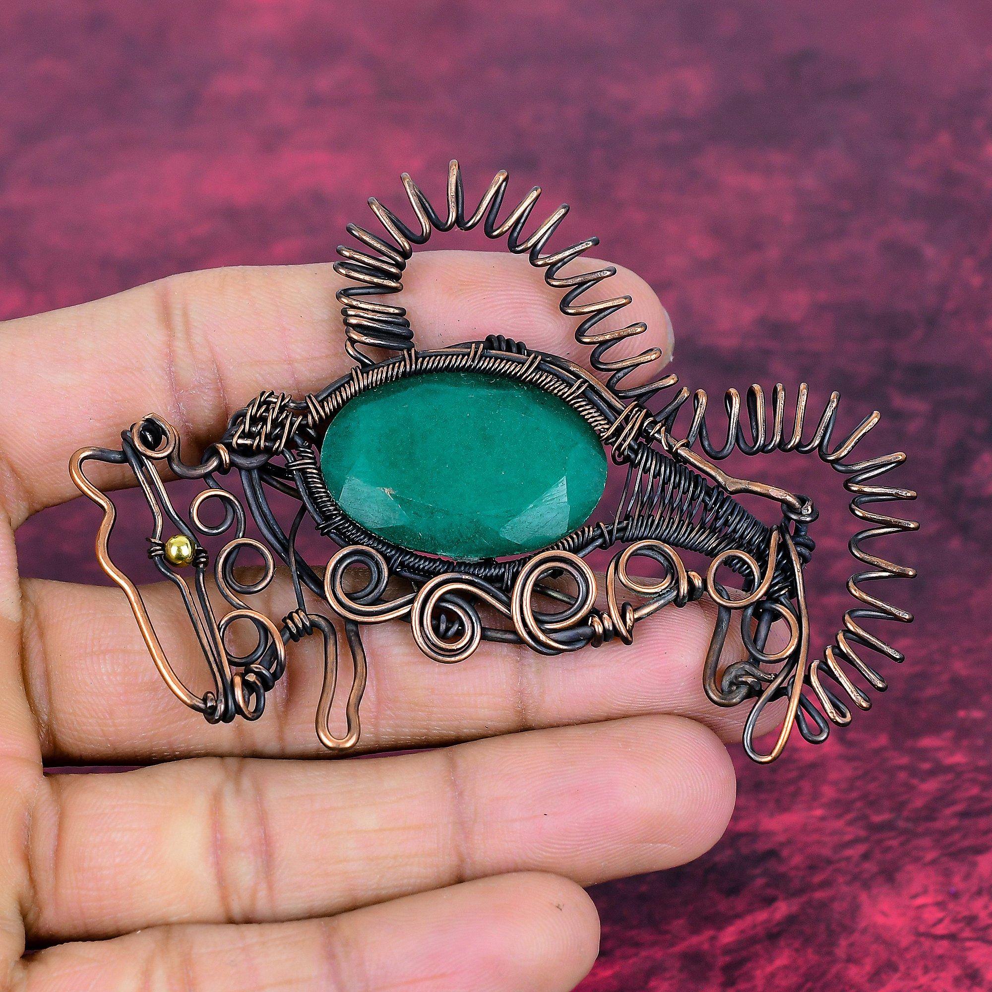 Faceted Zambian Emerald Gemstone Pendant Copper Wire Wrap Rabbit Handmade Jewelry