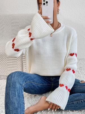Fall Winter Women's Sweater Loose Long Sleeve Striped Heart Pullover Crew Neck Knitwear