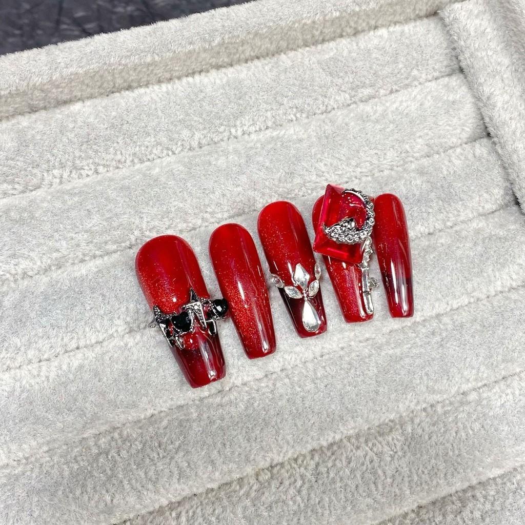 

Искусственные ногти ручной работы, длинные, красные, кошачий глаз, алмазный кристалл, фототерапевтические ногти, накладные ногти, многоразовые и съемные ногти M