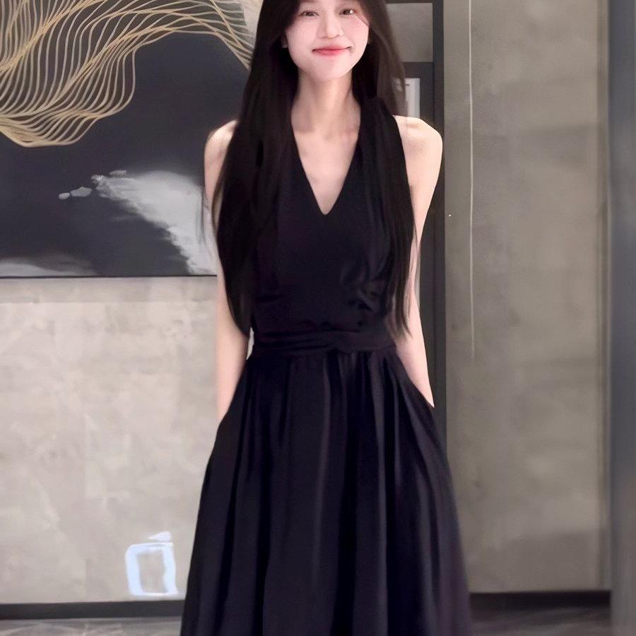 French Black Halter V-Neck Sleeveless A-Line Maxi Dress