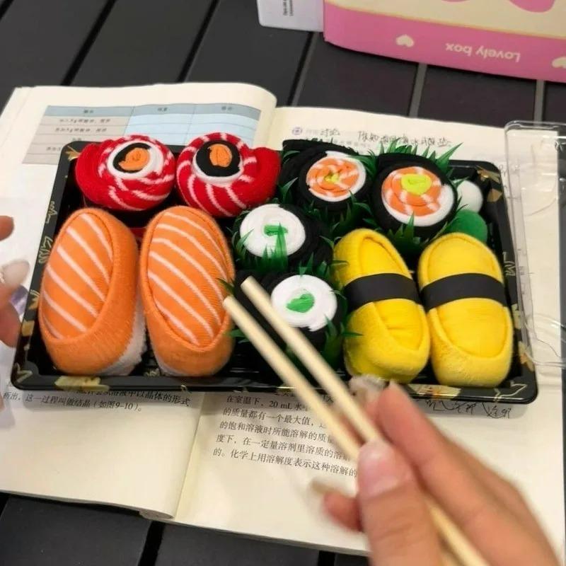 3Pairs/box Novelty Fun Colorful Sushi Gift Box Mid Calf Socks Men Women Comfortable Breathable for Friends Lovers Parties Casual