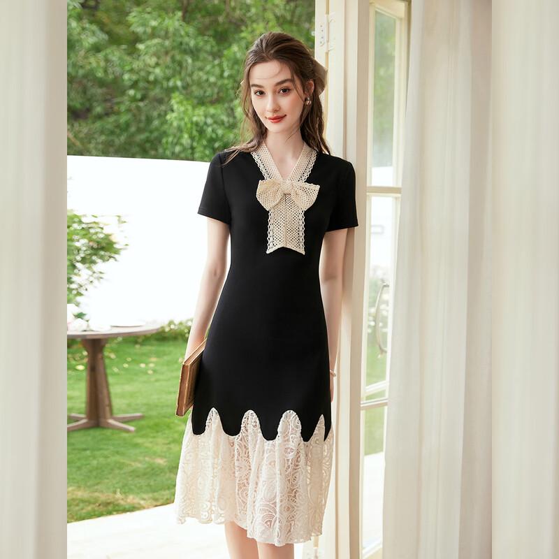Elegant V-neck Lace Color-block Summer Dress S