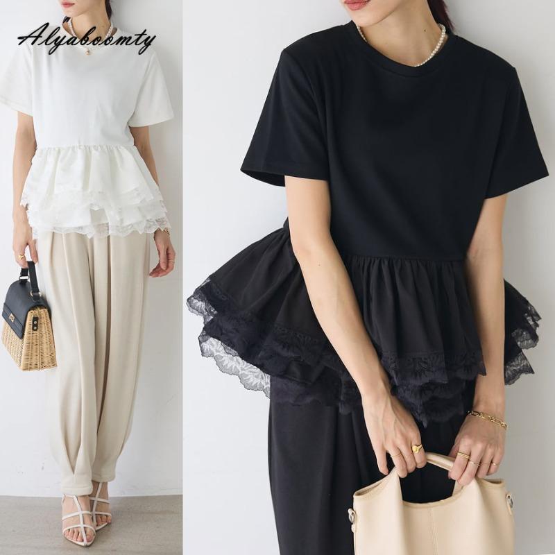 Korean Fashion Sommer Frauen Streetwear Top Kurze O Neck Weiß Schwarz Layered Spitze Rüschen Patchwork T-Shirt Kurzarm Feminine Damen T