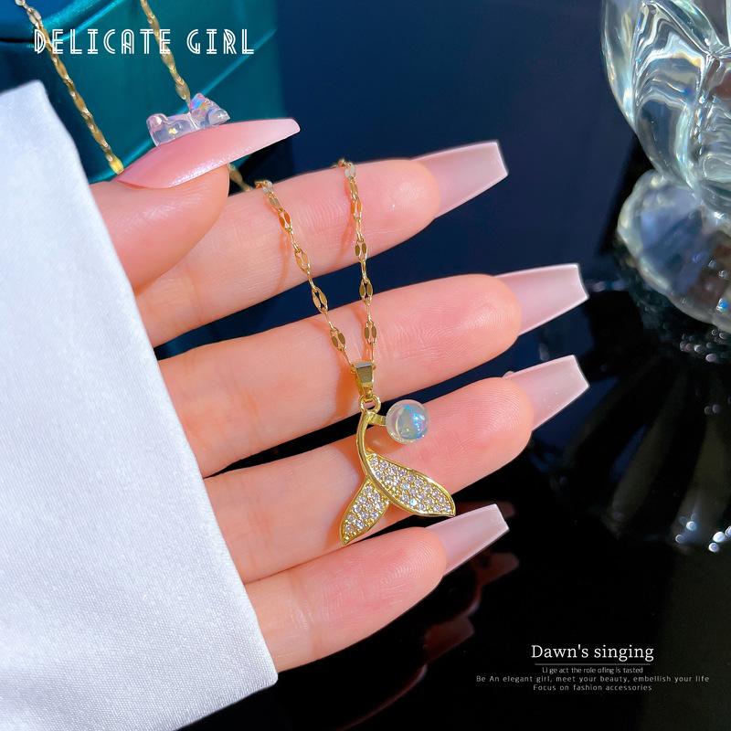 Titanium Steel Fishtail Mermaid Ji Micro-Inlaid Real Gold Necklace Women'S Transfer Beads Collarbone Chain With Jewelry