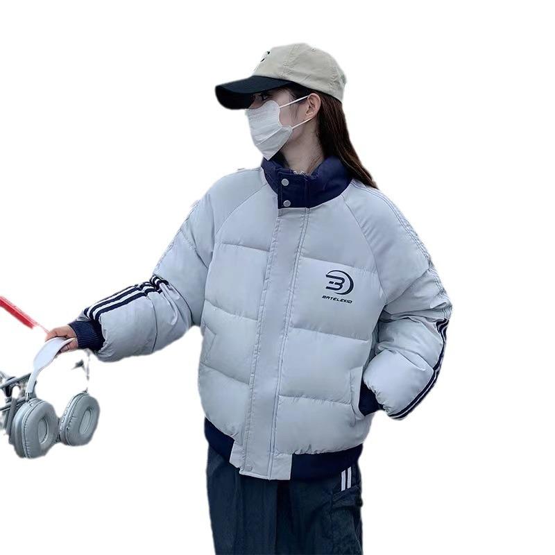 Korean trendy brand side three-bar stripe contrasting stand-up collar cotton jacket cotton clothes new warm and thickened padded jacket top in winter