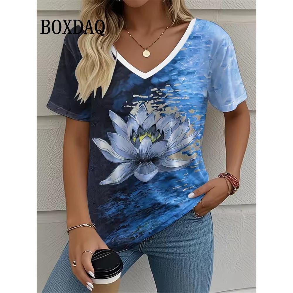 Summer retro floral T-shirt for women, tie dye 3D printed loose short sleeved shirt
