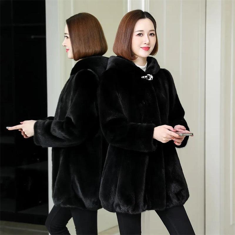 Hooded mid-length imitation mink fleece coat