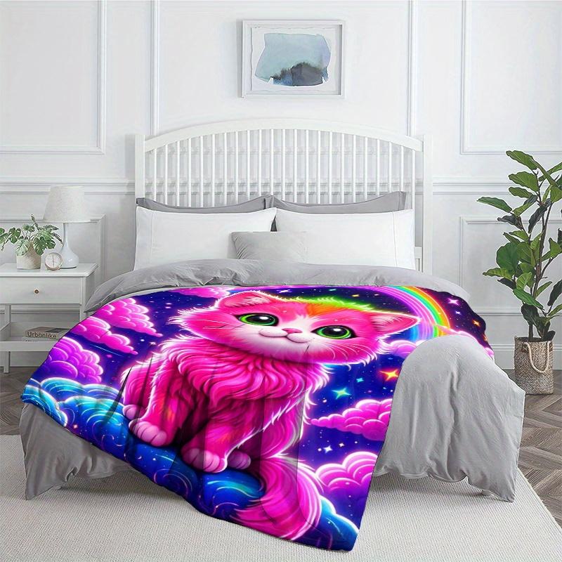 Cute Pink Cat Rainbow Galaxy Blanket Flannel Soft Throw Blanket for Kids Room Decor Dreamy Pet Animal Design Cozy Bed Covering