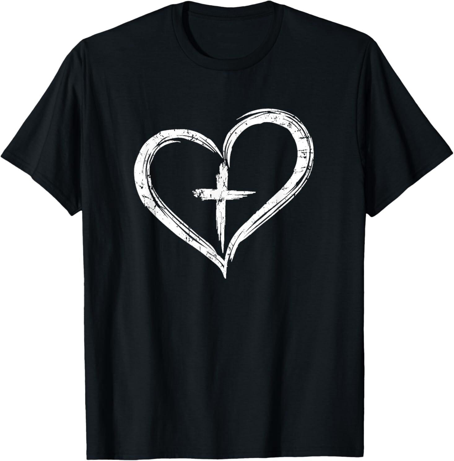 Stylish Cross In Heart Christian T-Shirt Mens Womens Tees Top 2XL