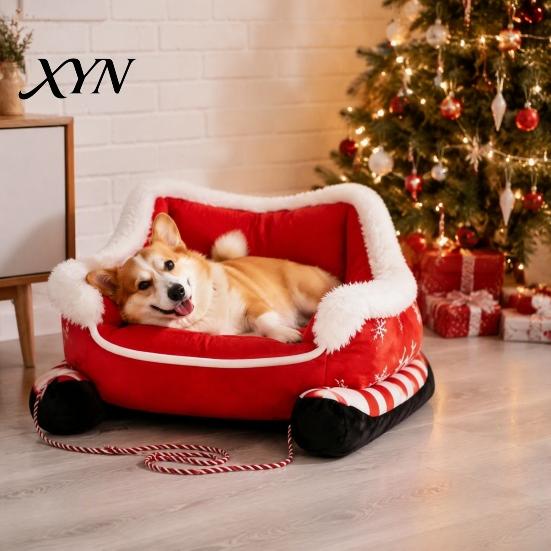 Easy Clean Pet Nest Christmas Sleigh Dog Bed with Non Slip Base, Plush Calming Sofa Cozy Winter Furniture for Indoor Outdoor, Fun House Cats