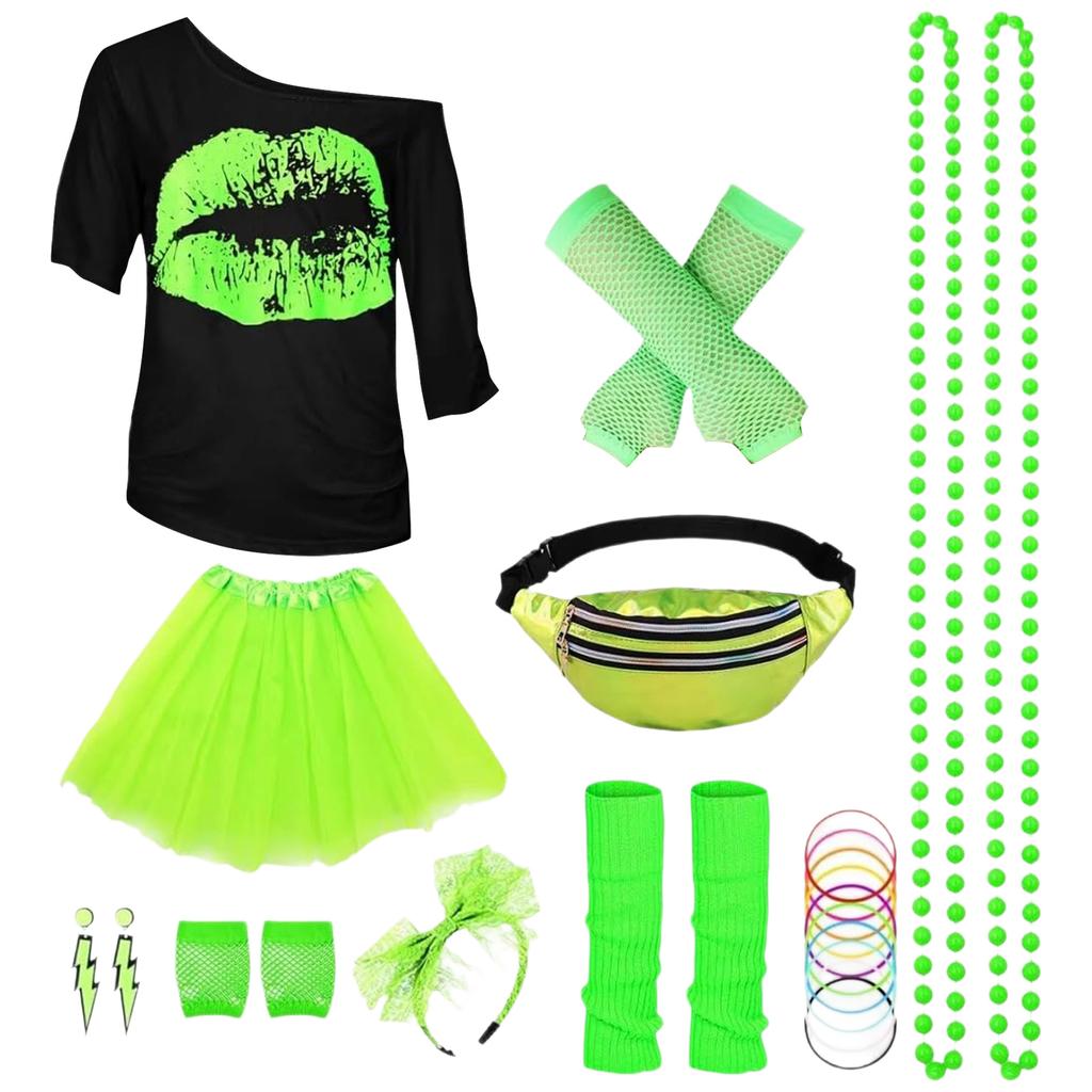 80s Outfit Women's Set, T-shirt, Belt Bag, Headband, Earring, Necklace, Fishnet Gloves, 80s Clothing Costume Neon Accessories Theme Party Clothes