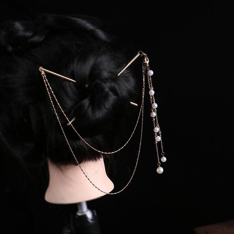 Doppelketten-Haargabel Perlenquaste Haarstab Nunchaku Haarnadel Chinesischer Stil Retro Haaraccessoires für Hanfu Tiaras Ornamente