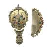 Vintage Folding Hand Mirror with Carved Comb Portable Travel Long Handle Metal Makeup Mirror Women Decorative Handheld Desk Vanity Mirror
