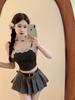 Hong Kong Retro Spliced Lace-Trim Denim Bustier Top for Women