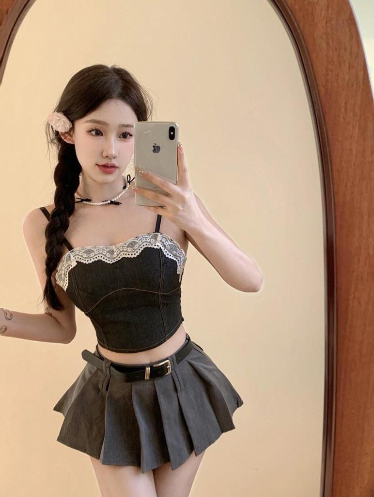Hong Kong Retro Spliced Lace-Trim Denim Bustier Top for Women