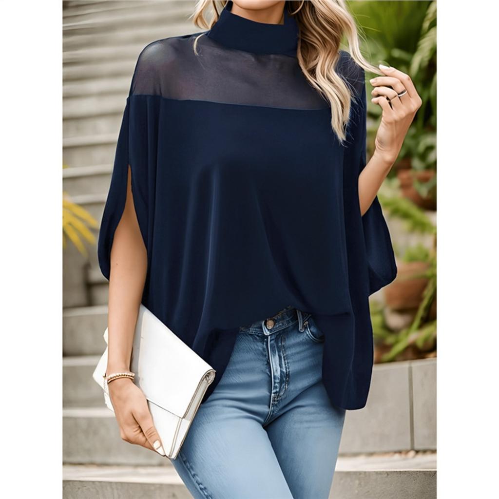 Women's High Neck Short Sleeve Mesh Batwing Top Loose Casual Elegant Blouse Solid Color Patchwork