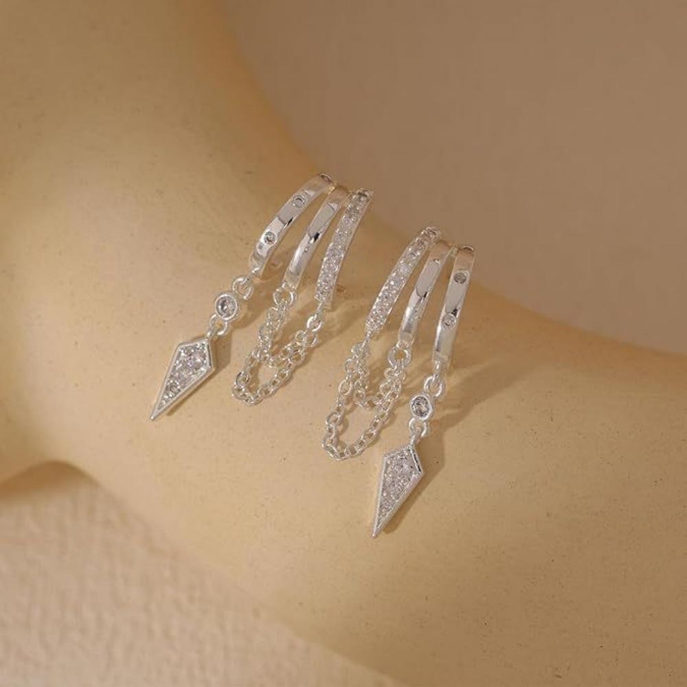 925 Silver Plated Triple Huggie Stud Earrings for Women Sparkling CZ Chain Tassel Hypoallergenic Dangle Earrings Jewelry Gifts