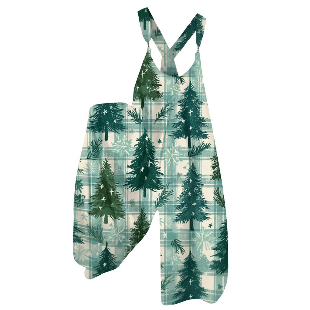 Women's Summer Suspender Jumpsuit with Retro Christmas Print and Non-Adjustable Straps