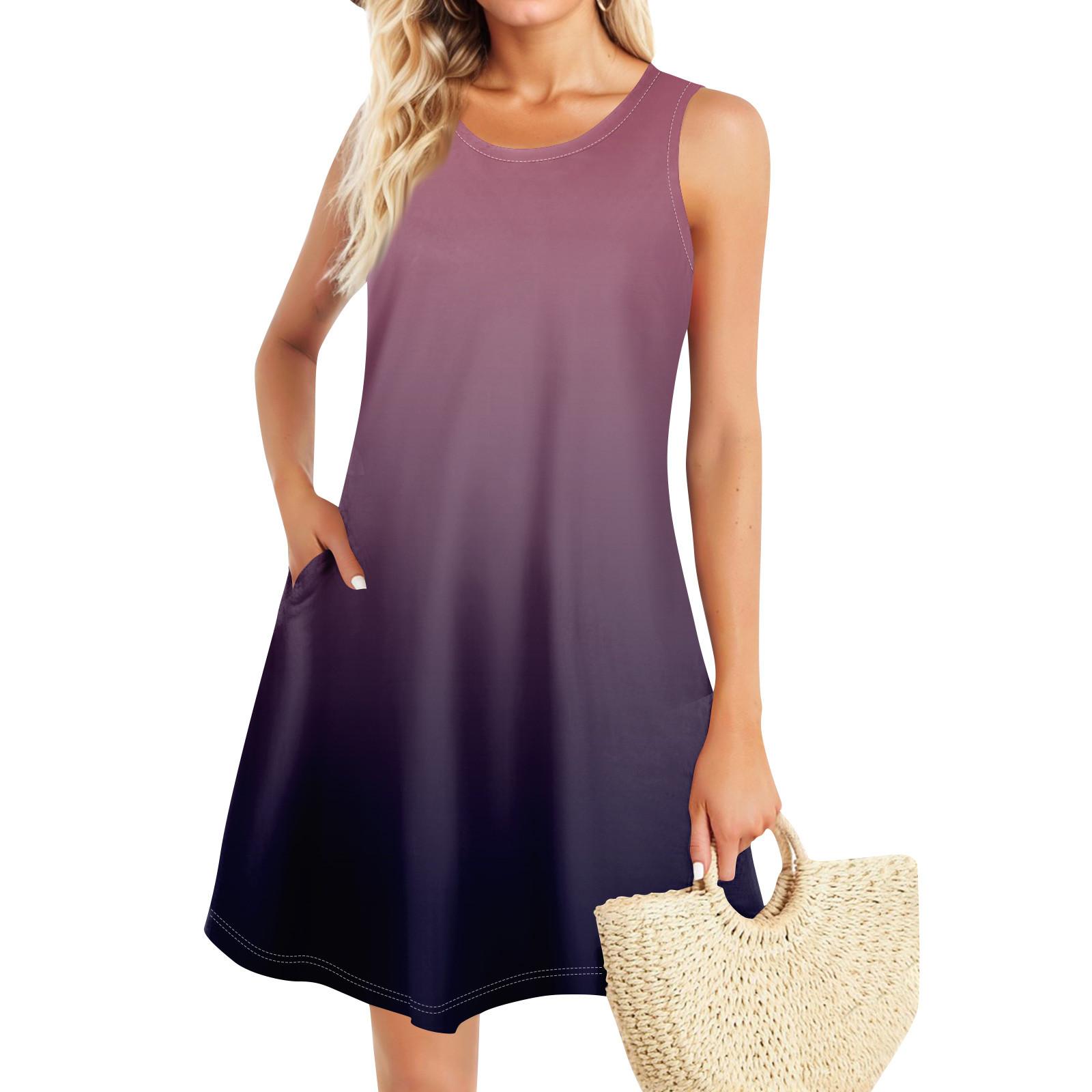 

Летние платья для женщин Пляжный Бохо без рукавов Винтажный принт Футболка с карманами Сарафаны-майки XL фиолетовый