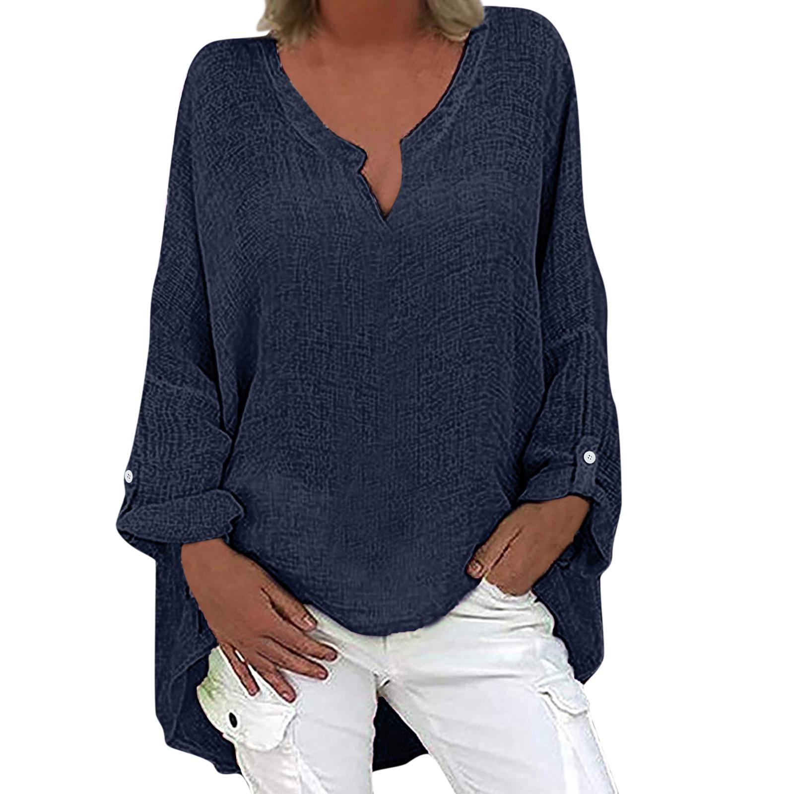 

Women s European & American V-Neck Cotton-Linen Long Sleeve Button-Down Shirt - Autumn/Winter L темно-синього кольору