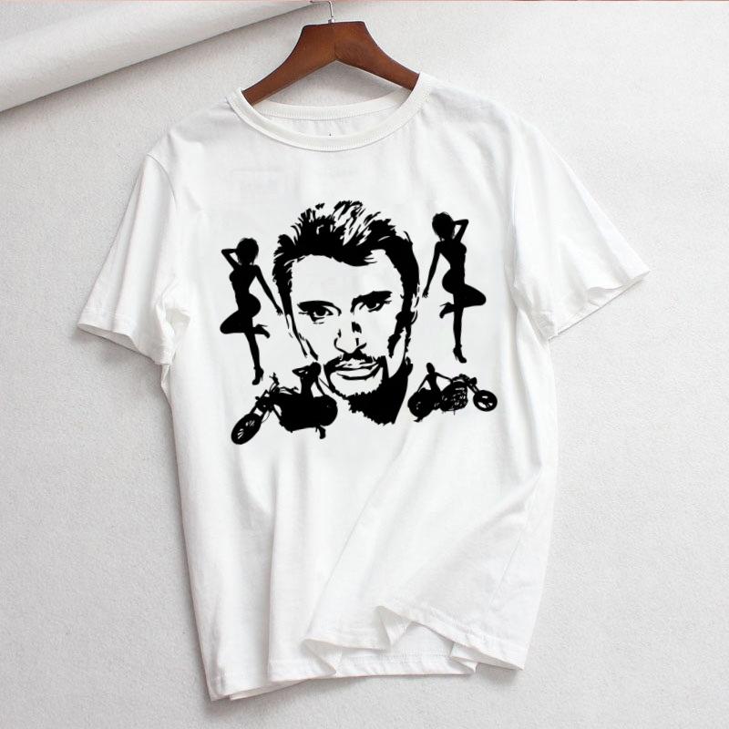 Johnny Hallyday Print T Shirt Women White and Black Shirts Fashion Round Neck Short Sleeve Cotton TShirt