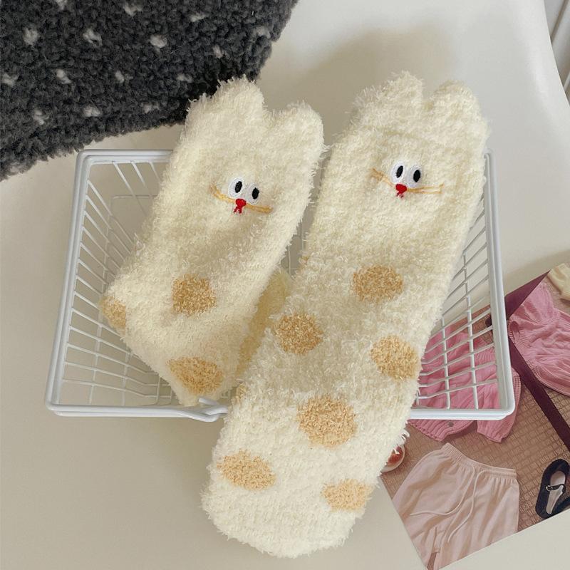 Autumn and Winter Coral Fleece Socks for Women, Half-fleece Home Mid-calf Socks, Thickened Floor Socks, Sleeping Women's Socks