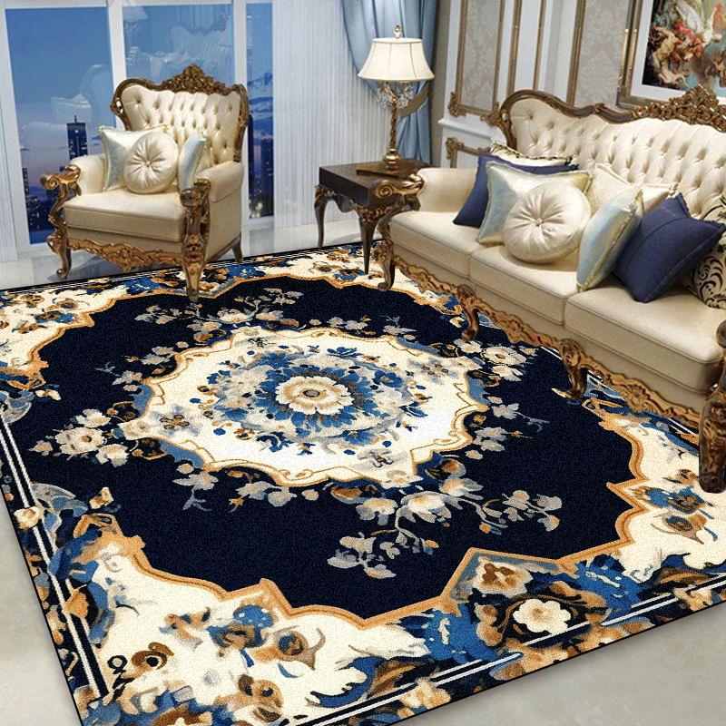 European Gold Floral Carpet Living Room Blue Decoration Sofa Area Rugs Non-slip Home Bedroom Cloakroom Soft Floor Mat Washable