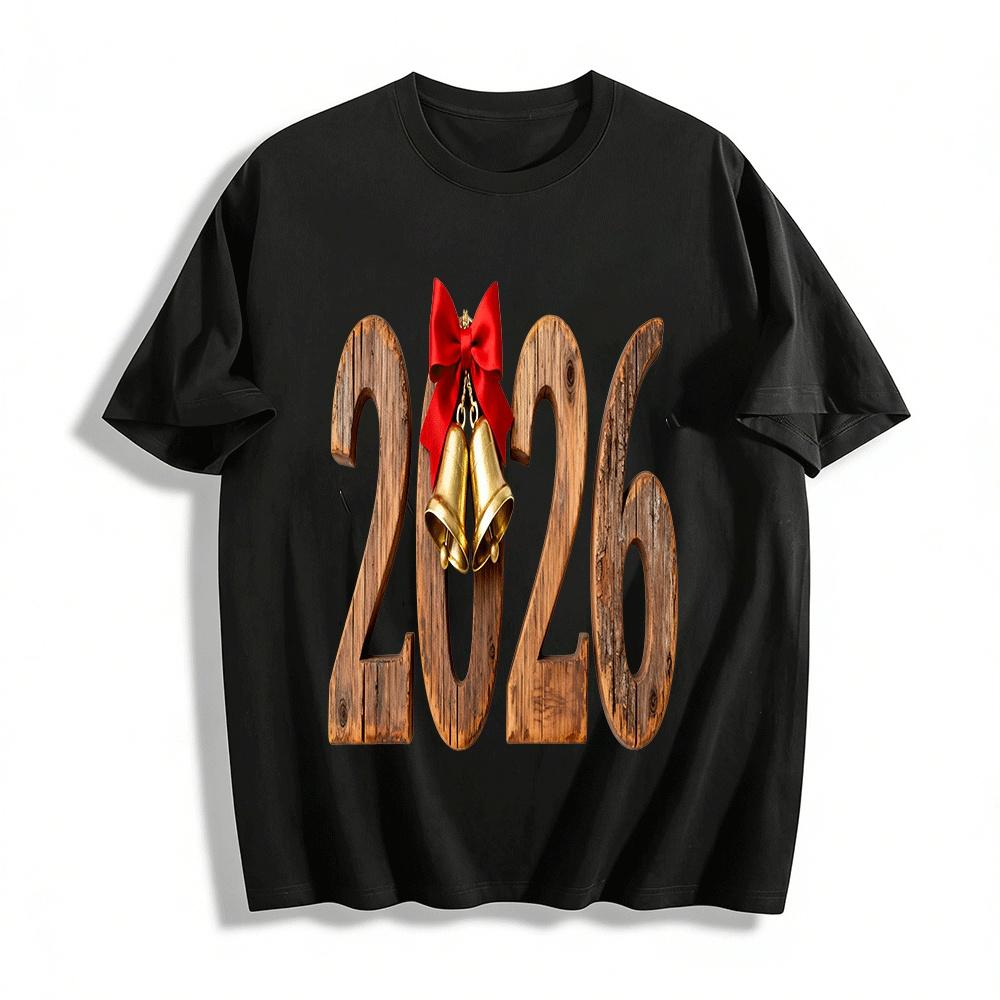 2026 New Year Wooden Number Bell Print Casual Top Pure cotton T-shirt XXS