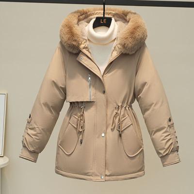 Ropa nueva acolchada de plumón para otoño e invierno, para mujer, mediana y larga, holgada, con cuello grande de piel, parka, forro polar y chaqueta fina acolchada de algodón.
