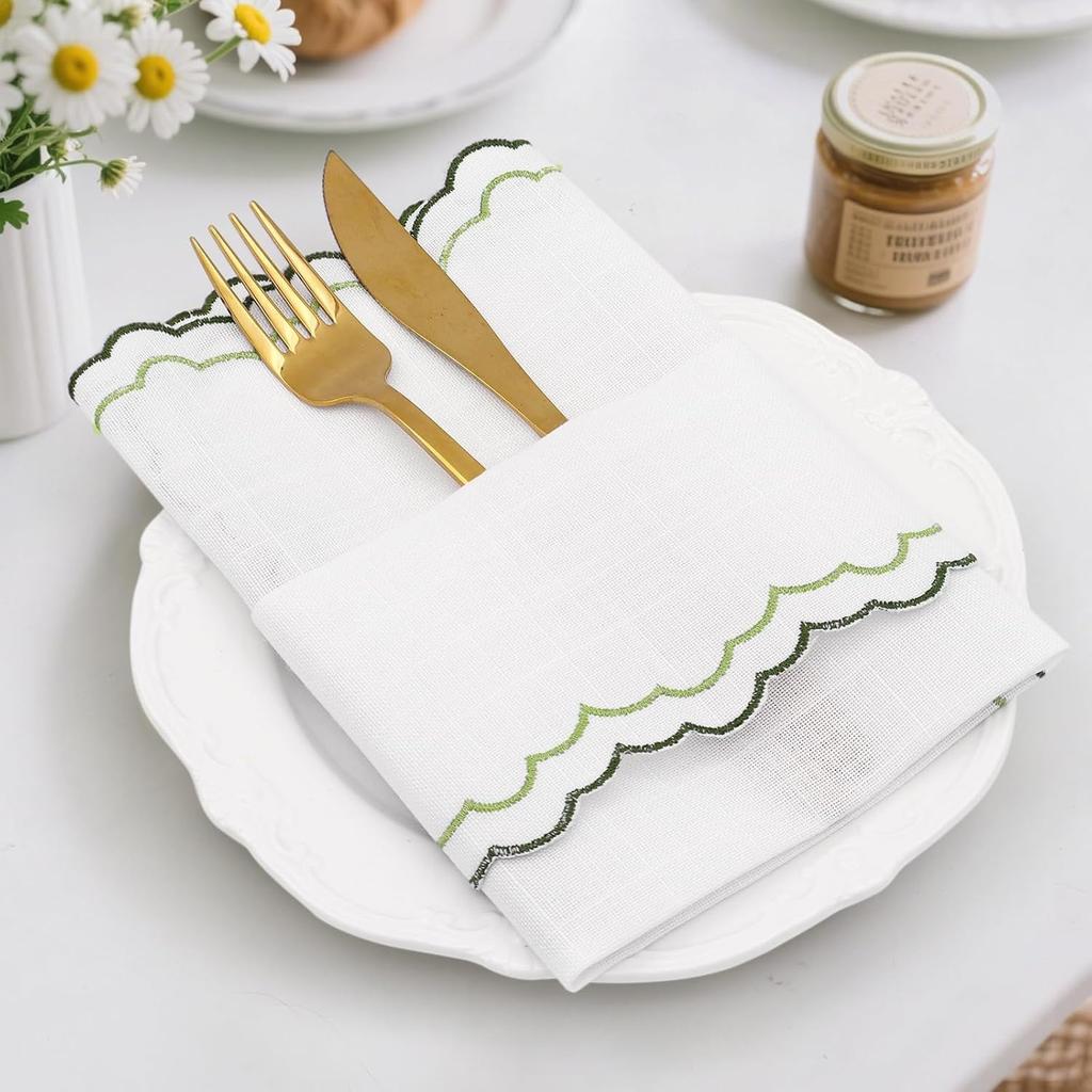 Set of 6 Cloth Napkins Scalloped Embroidery Cloth Napkins Washable Polyester Table Dinner for Restaurant Weddings Events Parties