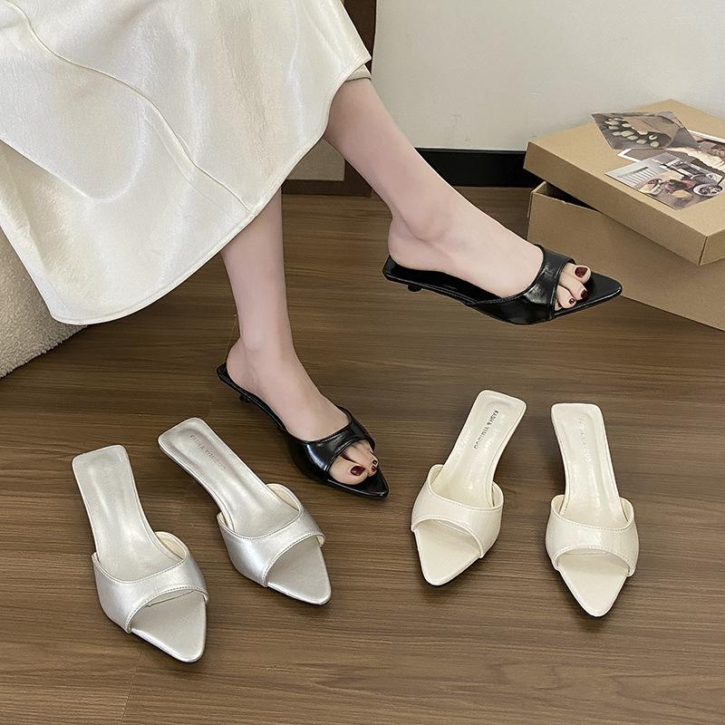New High Heels Heel Pointed 2025 Summer French Slippers Women's Thin Heels Open Toes Low Outside Wearing Cool Slippers Women