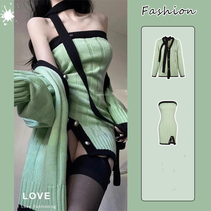 

Комплект Женский Весенне-Осенний Кардиган Свитер Куртка Стиль Чистого Желания Приталенное Вязаное Платье Пакет Юбка с Облеганием Бедер S