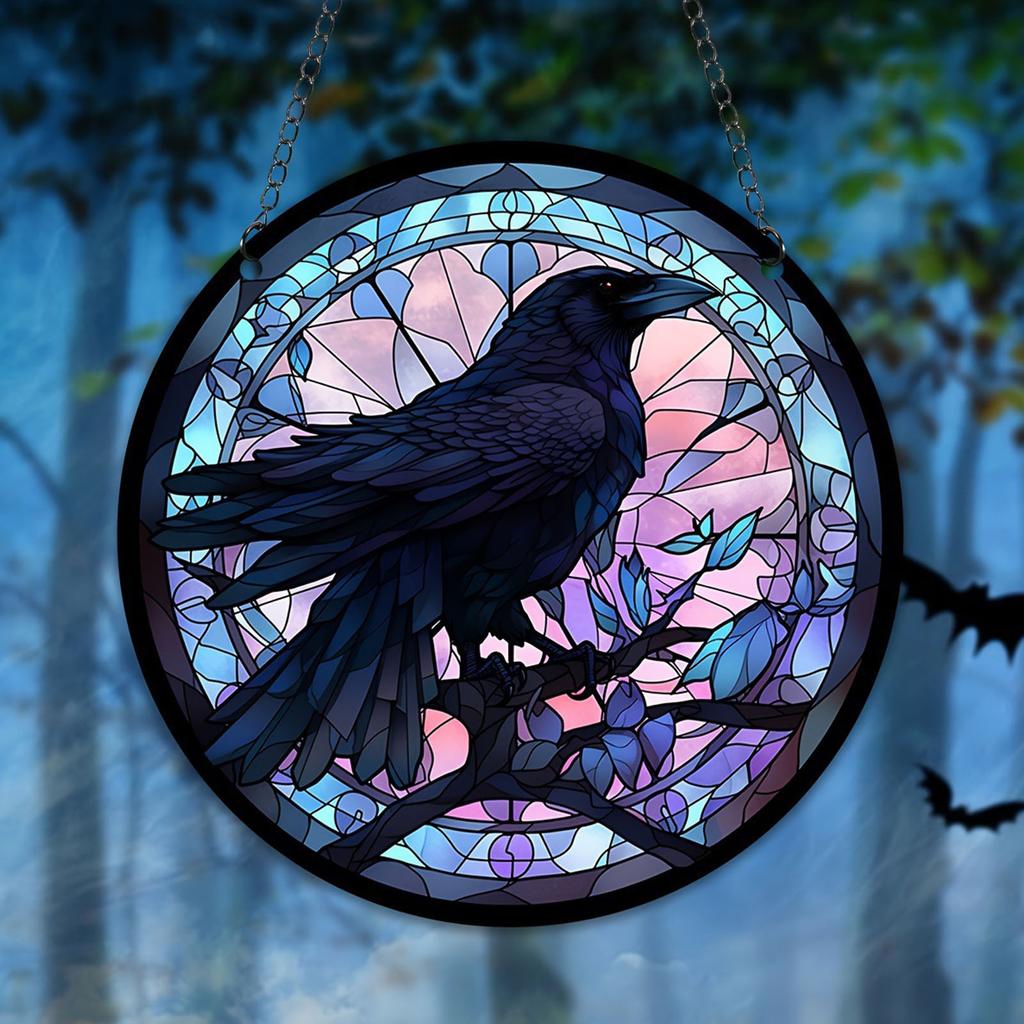 Raven Stained Glass Suncatcher Window Hanging Decoration Halloween Gothic Crow Glass Ornament for Window Home Kitchen